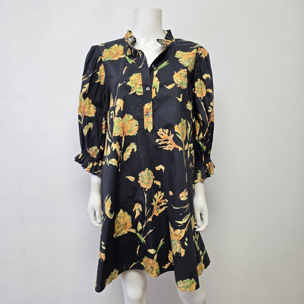 Entro Mini Dress Size L Golden Bloom Floral Black Yellow Tie Back Preppy NWOT